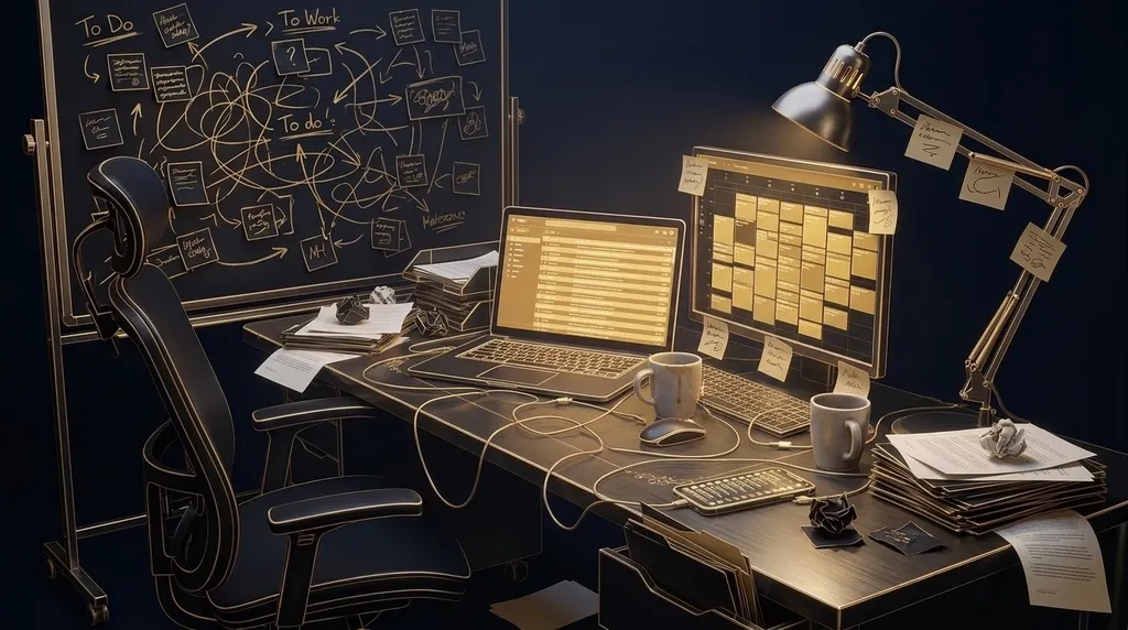 A business owner's desk at night: a calendar booked solid, an inbox overflowing, unread messages on the phone, papers and cables everywhere, and the chair pushed back